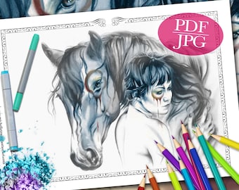 Horse Totem Grayscale Coloring Page: Fantasy Animal Art (PDF, JPG)