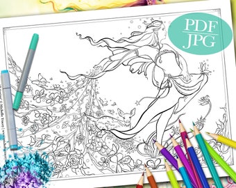 FAIRY COLORING PAGE 'Sienna And The Deer Dance With Spring' - Fantasy, Fairy, Butterflies, Flowers, Coloring Pages for Adults, pdf, jpg