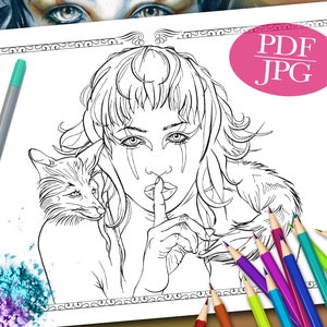 FANTASY COLORING PAGE &#39;Fox Totem&#39; - Totem Animals, Foxes, Animals, Portraits, Colouring Pages for Adults, Printable, pdf, jpg