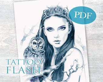 OWL TATTOO FLASH - 'Owl Totem' | Fantasy Art Tattoo Design | Bird Tattoo | Fantasy Women Tattoo Design | pdf