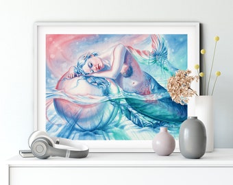 ORIGINAL WATERCOLOUR PAINTING - 'Sweet Dreams' Fantasy Painting, Mermaid Painting, Ocean Wall Art, Wall Art, Art Collectibles