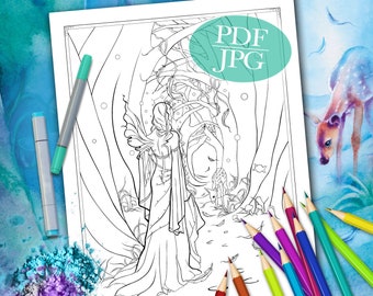 FAIRY COLORING PAGE 'Sienna And The Deer Seek The Forest' - Fantasy, Fairy, Deer, Coloring Pages for Adults, pdf, jpg