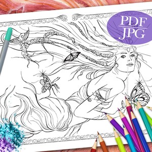 FANTASY COLORING PAGE  &#39;Goddess of Transformation&#39; - Fantasy, Butterflies, Goddess, Coloring Page for Adults, pdf, jpg