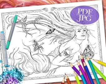 FANTASY COLORING PAGE  'Goddess of Transformation' - Fantasy, Butterflies, Goddess, Coloring Page for Adults, pdf, jpg