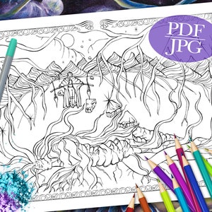 FANTASY COLORING PAGE  &#39;Mother Earth Father Sky&#39; - Fantasy, Goddess, Earth, Spiritual, Moon, Coloring Page for Adults, pdf, jpg