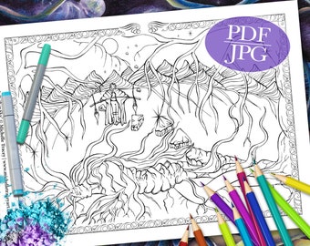 FANTASY COLORING PAGE  'Mother Earth Father Sky' - Fantasy, Goddess, Earth, Spiritual, Moon, Coloring Page for Adults, pdf, jpg