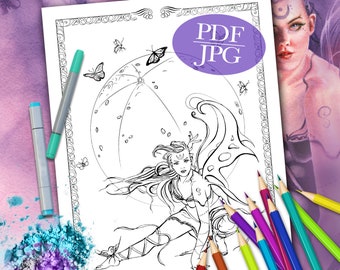 FAIRY COLORING PAGE  'Believe' - Fantasy, Fairies, Butterflies, Moon, Coloring Pages for Adults, Crafts, Printable Download, pdf, jpg