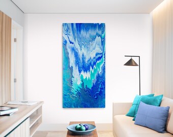 ORIGINAL ABSTRACT PAINTING "Blue Abyss" | Ocean Abstract | Large Blue, White & Silver Canvas Painting | Fluid Acrylic Abstract Painting