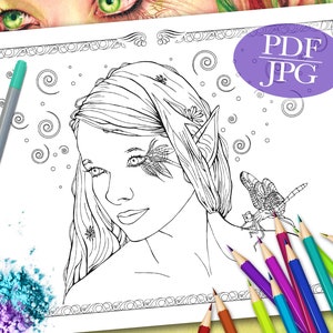FAIRY COLORING PAGE  &#39;Little Wing&#39; - Fantasy, Fairies, Dragonfly, Faces, Coloring Pages for Adults, Coloring Books, Printable, pdf, jpg