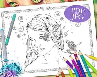FAIRY COLORING PAGE  'Little Wing' - Fantasy, Fairies, Dragonfly, Faces, Coloring Pages for Adults, Coloring Books, Printable, pdf, jpg