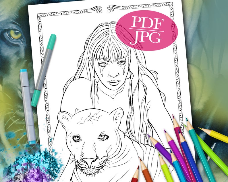 FANTASY COLORING PAGE 'Panther Totem' Totem Animals, Panthers, Animals, Faces, Coloring Pages for Adults, Printable, pdf, jpg image 1