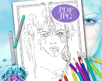 May include: A black and white line art coloring page featuring a woman's face with intricate details. The woman's face is surrounded by a city skyline, creating a surreal and whimsical design.