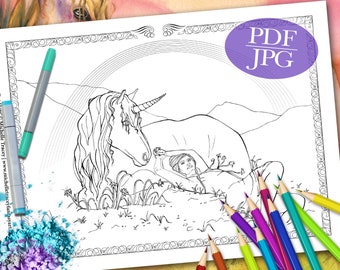 FANTASY COLORING PAGE  'Nowhere But Here' - Fantasy, Unicorn, Rainbow, Coloring Pages for Adults, Coloring Books, Printable, pdf, jpg