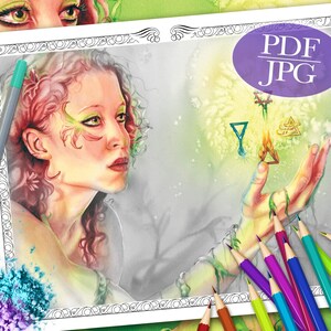 Gaia Grayscale Coloring Page: Fantasy Portrait (PDF, JPG)