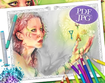 Gaia Grayscale Coloring Page: Fantasy Portrait (PDF, JPG)