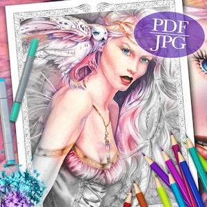 Fairy & Owl Grayscale Coloring Page: &#39;Into the Night&#39; (PDF)