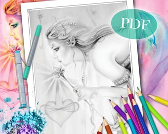 GRAYSCALE COLORING PAGE "Sienna Fairy No.6" | Fairy Grayscale Coloring Page | Fantasy Grayscale Coloring Page For Adults | pdf | Printable