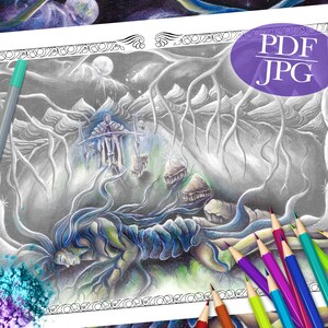 GRAYSCALE COLORING PAGE &#39;Mother Earth Father Sky&#39; - Fantasy Grayscale Coloring Page, Grayscale Coloring Page For Adults, pdf, jpg