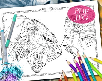 Tiger Totem Coloring Page: Animal Faces Line Art (PDF, JPG)