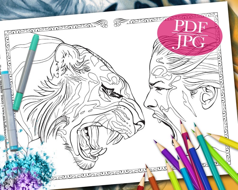 FANTASY COLORING PAGE 'Tiger Totem' Totem Animals, Tigers, Animal, Faces, Coloring Pages for Adults, Printable, pdf, jpg image 1