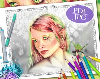 Fairy Grayscale Coloring Page: 'Little Wing' Fantasy Art (PDF, JPG)