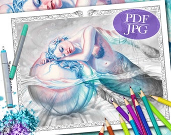 Mermaid Grayscale Coloring Page: 'Sweet Dreams' Fantasy Art (PDF)