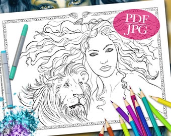 FANTASY COLORING PAGE 'Lion Totem' - Totem Animals, Lions, Animals, Portraits, Spiritual, Coloring Pages for Adults, Printable, pdf, jpg