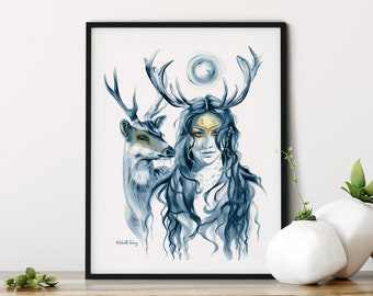 ORIGINAL WATERCOLOUR PAINTING - 'Deer Totem' Fantasy Painting, Deer Painting, Animal Painting, Portrait, Spiritual Art, Wall Art, Fine Art