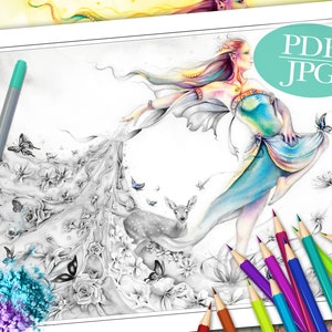 GRAYSCALE COLORING PAGE &#39;Sienna And The Deer Dance With Spring&#39; - Fantasy, Fairy, Flowers, Greyscale Coloring For Adults, pdf, jpg