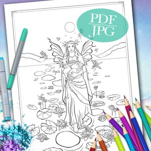 FAIRY COLORING PAGE &#39;Sienna And The Deer Evoke The Lily Pond&#39; - Fantasy Coloring Page, Fairy Coloring Page For Adults, pdf