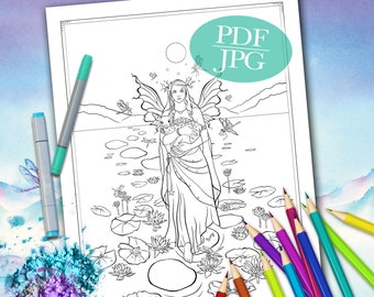 FAIRY COLORING PAGE 'Sienna And The Deer Evoke The Lily Pond' - Fantasy Coloring Page, Fairy Coloring Page For Adults, pdf