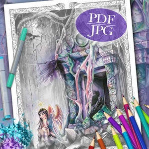 Grayscale Angel Coloring Page: Fantasy Raven Art (PDF, JPG)