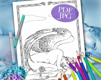 FANTASY COLORING PAGE  'Hope' - Angel, Rose, Wings, Inspiring, Coloring Page for Adults, Printable Download, Stamp, Digital, pdf, jpg