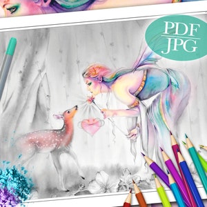 GRAYSCALE COLORING PAGE &#39;Sienna And The Deer Embrace The Cherry Blossom Tree&#39; - Fantasy, Fairy, Greyscale Coloring For Adults, pdf