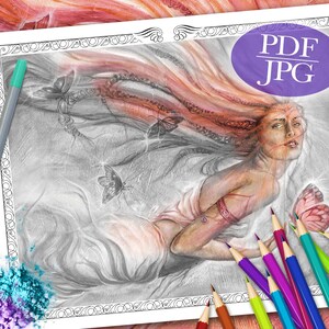 GRAYSCALE COLORING PAGE &#39;Goddess of Transformation&#39; - Fantasy, Butterflies, Coloring Pages for Adults, Printable, pdf, jpg