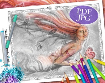 Goddess of Transformation Grayscale Coloring Page: Fantasy Art (PDF, JPG)
