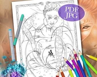 May include: A black and white line art coloring page featuring a woman with a spotted pattern on her skin, reaching down to touch a butterfly. The woman is surrounded by long, flowing grass.