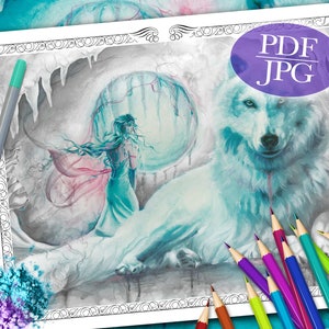 GRAYSCALE COLORING PAGE 'Wolf Dreaming' Wolf Coloring Page, Fantasy, Goddess, Moon, Grayscale Coloring Page for Adults, pdf, jpg image 1