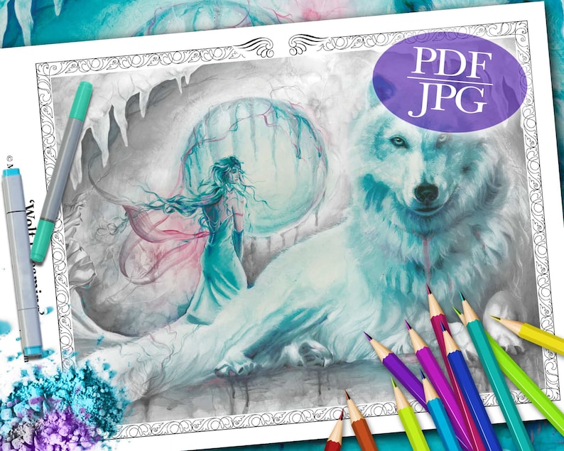 GRAYSCALE COLORING PAGE 'Wolf Dreaming' Wolf Coloring Page, Fantasy, Goddess, Moon, Grayscale Coloring Page for Adults, pdf, jpg image 1