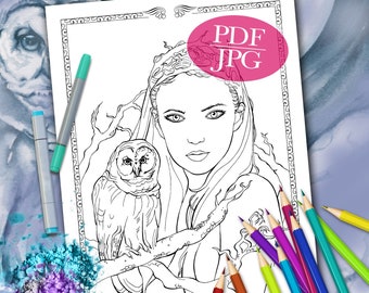 FANTASY COLORING PAGE 'Owl Totem' - Totem Animals, Owls, Animals, Birds, Faces, Coloring Pages for Adults, Printable, pdf, jpg