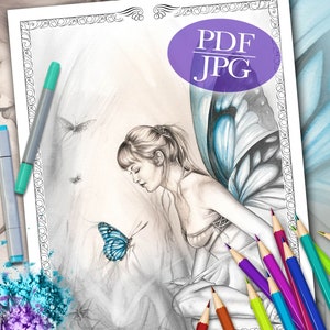 GRIJSWAARDEN KLEURPAGINA 'Whispering Wings' - Fantasy, Fairy, Vlinders, Volwassen grijswaarden kleurplaat, pdf, jpg