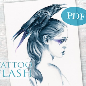 RAVEN TATTOO FLASH - &#39;Raven Totem&#39; | Fantasy Art Tattoo Design | Crow Tattoo | Fantasy Women Tattoo Design | pdf