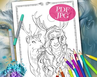 FANTASY COLORING PAGEs 'Deer Totem' - Totem Animals, Deers, Animals, Portraits, Coloring Pages for Adults, Printable, Stamp, pdf, jpg