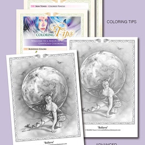 GRAYSCALE COLORING PAGE 'Believe' Fantasy, Fairy, Butterflies, Moon, Coloring Pages For Adults, Printable, pdf, jpg image 2