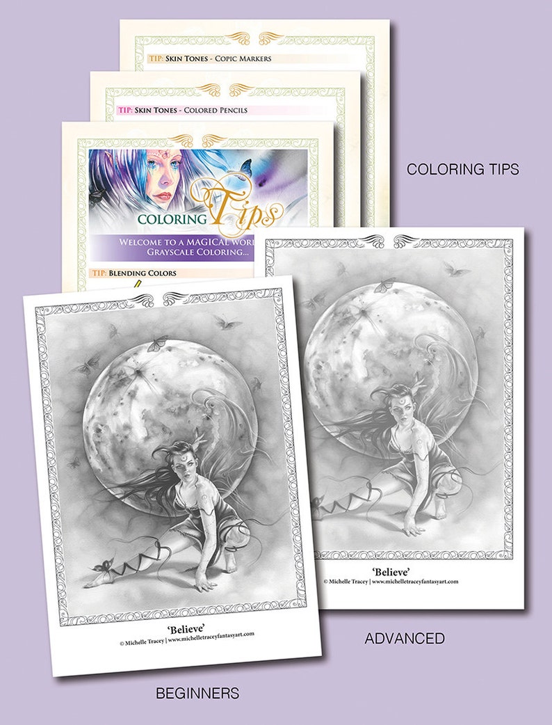 GRAYSCALE COLORING PAGE 'Believe' Fantasy, Fairy, Butterflies, Moon, Coloring Pages For Adults, Printable, pdf, jpg image 2