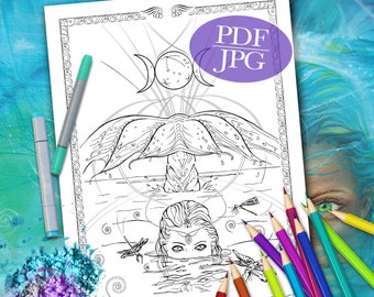 MERMAID COLORING PAGE  'Divine Feminine' - Fantasy, Mermaids, Moon, Triple Goddess, Dragonflies, Coloring Pages for Adults, pdf, jpg