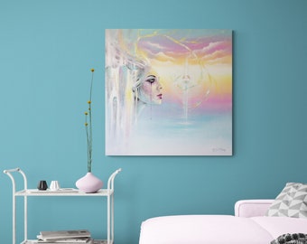 ORIGINAL VISIONARY PAINTING "Divine Connection" | Goddess Painting | Acrylic Painting | Spiritual Wall Art | Ocean Art | Sunset Art