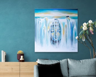 ORIGINAL BUDDHA PAINTING "The Offering" | Buddha Art | Blue Teal Gold Acrylic Art | Spiritual Wall Art | Waterfall Art | Ocean Art