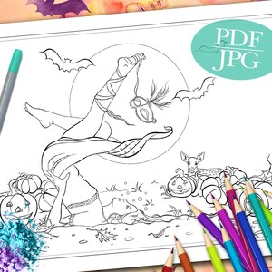 HALLOWEEN COLORING PAGE &#39;Sienna And The Deer Celebrate Halloween&#39; | Fantasy Coloring Page | Halloween Coloring Page for Adults | pdf