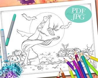 HALLOWEEN COLORING PAGE 'Sienna And The Deer Celebrate Halloween' | Fantasy Coloring Page | Halloween Coloring Page for Adults | pdf